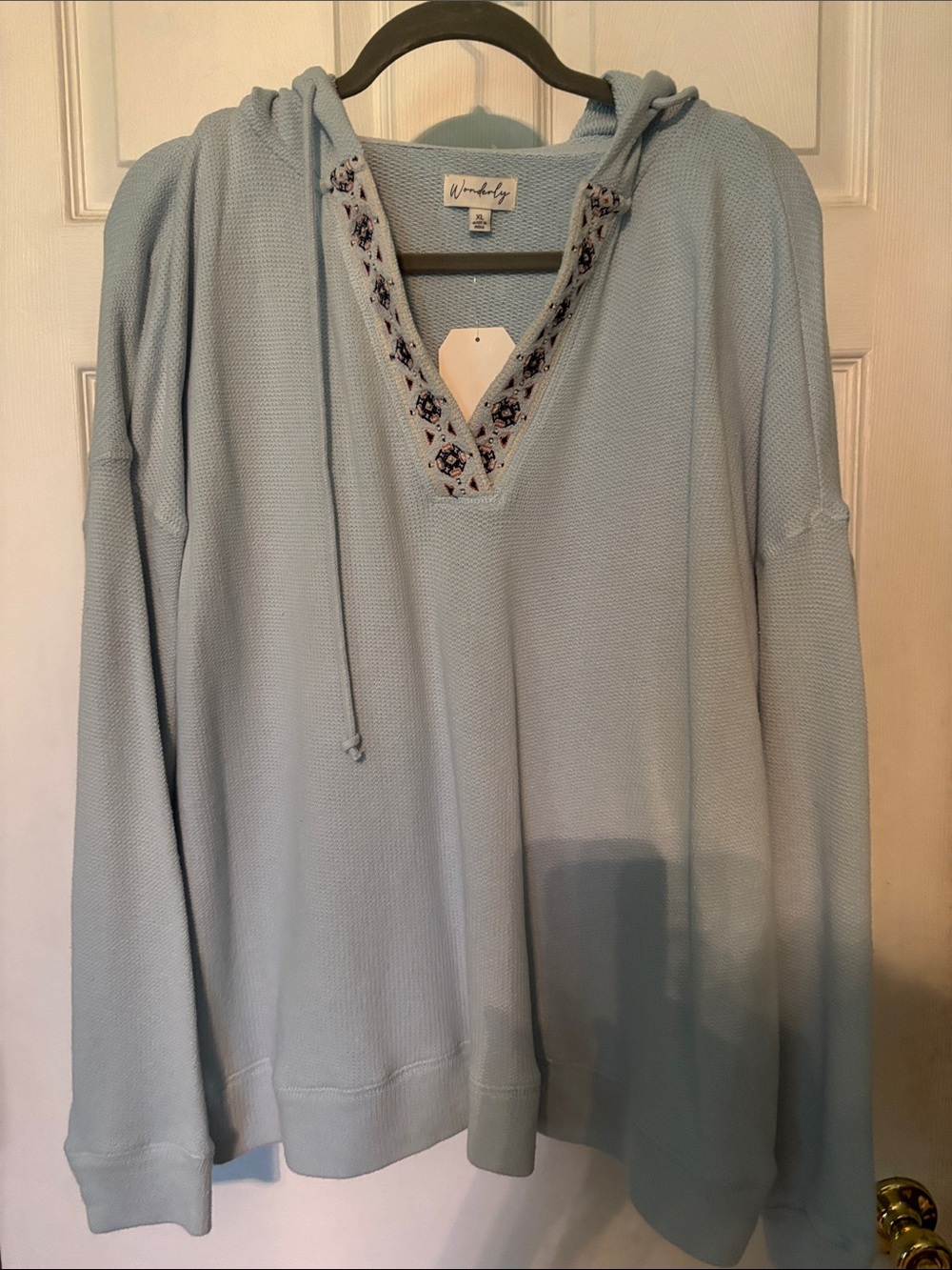 Wonderly Light Blue Hooded Tunic with Embroidered V-Neck